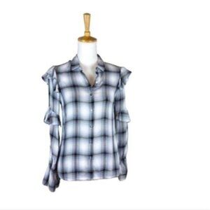Rocks & Indigo Ruffled Sleeve Plaid Top Blue XS And Medium